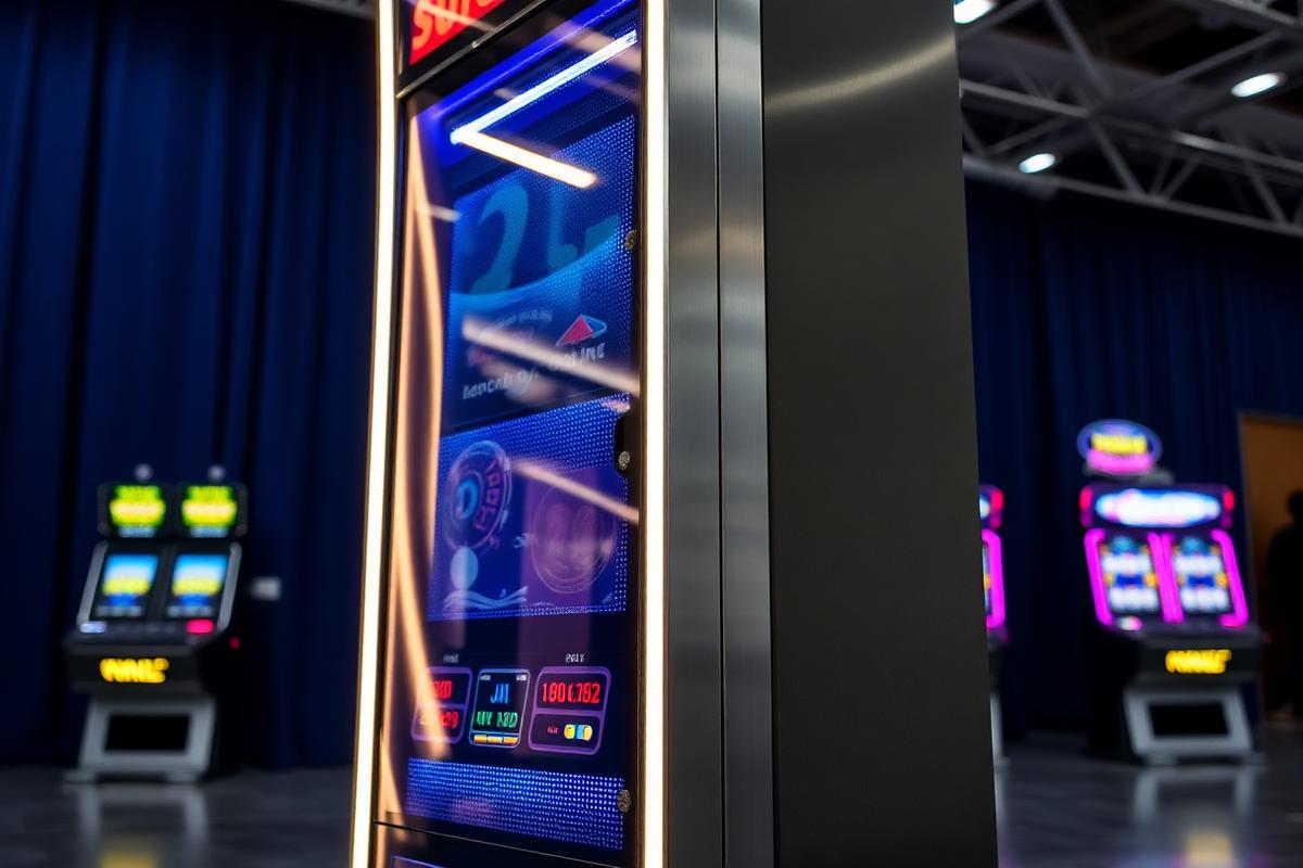 Close-up of a modular slot cabinet with a tall curved display in a manufacturer showroom