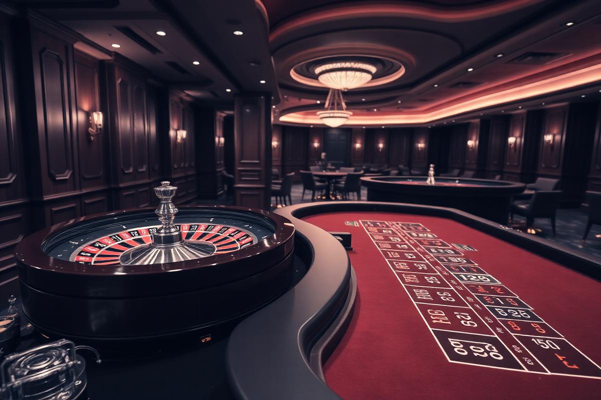 Roulette wheel and baccarat layout in an empty casino salon before opening